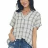 Entro Tops Ivory Plaid Woven Top With Button Up Back