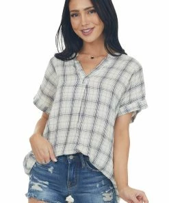 Entro Tops Ivory Plaid Woven Top With Button Up Back