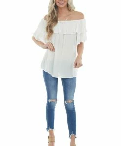 143 Story Tops Ivory Off The Shoulder Metallic Thread Blouse