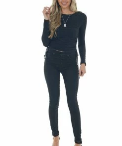 She + Sky Black Metallic Thread Ruched Side Knit Top