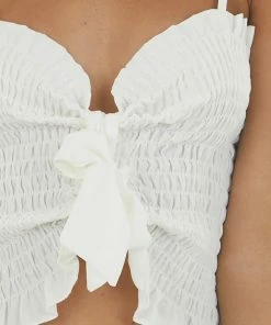 BiBi Ivory Smocked Front Tie Cropped Tank Top