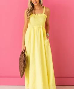 Davi & Dani Lemon Sleeveless Smocked Ruffle Maxi Dress 21 Davi & Dani Lemon Sleeveless Smocked Ruffle Maxi Dress