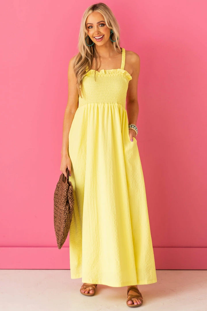 Davi & Dani Lemon Sleeveless Smocked Ruffle Maxi Dress 12 Davi & Dani Lemon Sleeveless Smocked Ruffle Maxi Dress