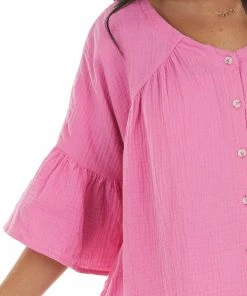 Davi & Dani Thulian Pink Button Down Flare Sleeve Blouse