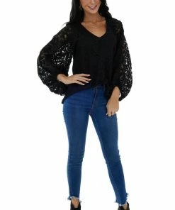 Vine & Love Tops Black Floral Lace Long Bubble Sleeve Blouse