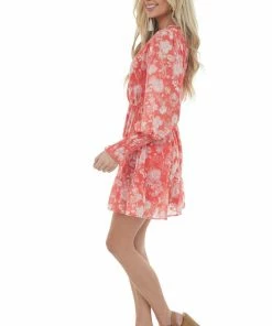 Peach Love Scarlet Floral Surplice Puff Sleeve Mini Dress Dresses 27 Peach Love Scarlet Floral Surplice Puff Sleeve Mini Dress Dresses