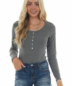 Vanilla Bay Graphite Ribbed Knit Long Sleeve Bodysuit Tops