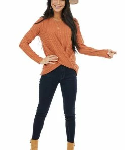 Les Amis Rust Long Sleeve Ribbed Top With Twisted Hem Detail