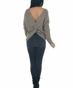 Style Melody Taupe Long Sleeve Knit Sweater With Back Twist Detail
