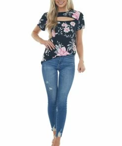 HEIMISH Black Floral Print Knit Top With Chest Cut Out Tops 15 HEIMISH Black Floral Print Knit Top With Chest Cut Out Tops
