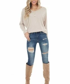 HOPELY Heathered Oatmeal V Neck Knit Top With Long Dolman Sleeves Tops