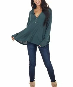 Peach Love Tops Hunter Green Notch Neck Babydoll Knit Top With Button Detail