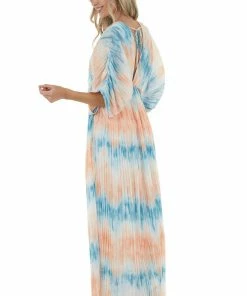 Flying Tomato Cobalt And Salmon Tie Dye Pleated Woven Maxi Dress Dresses