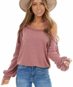 La Miel Mauve Cold Shoulder Long Sleeve Top With Raw Seam Detail Tops