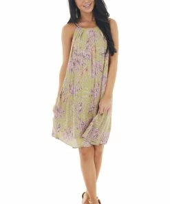 Staccato Pistachio Tropical Print Short Dress With Halter Neckline Dresses