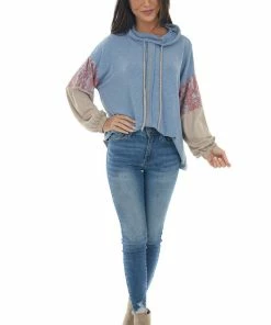 Ces Femme Tops Slate Blue Colorblock Cowl Neck Knit Top