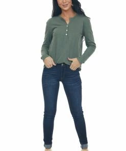 Charlotte Avery Dark Juniper Long Sleeve Notch Neck Henley Top