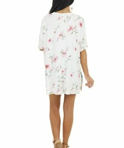 Lovely J Ivory And Pink Floral Print V Neck Top With Short Sleeves