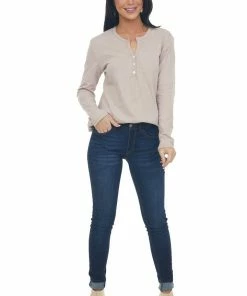 Charlotte Avery Tops Tea Rose Long Sleeve Notch Neck Henley Top