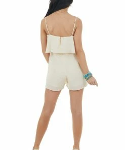 Davi & Dani Champagne Spaghetti Strap Flowy Overlay Romper With Pockets Dresses