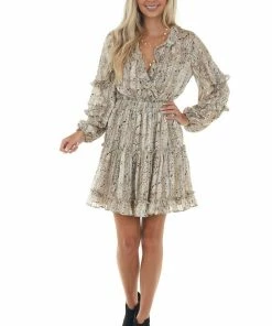 Main Strip Champagne Snake Print Smocked Waist Mini Dress Dresses