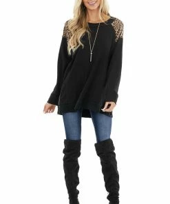 Umgee Tops Black Long Sleeve Top With Leopard Print Detail On Shoulders