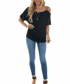 BiBi Black Cold Strapped Shoulder Soft Knit Short Sleeve Top Tops