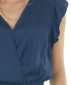 Umgee Navy Surplice Ruffle Sleeve Silky Romper 32 Umgee Navy Surplice Ruffle Sleeve Silky Romper