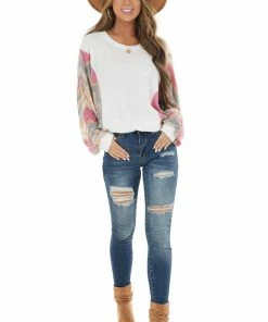 White Birch Off White Waffle Knit Top With Contrast Print Dolman Sleeves Tops