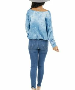 Umgee Powder Blue Tie Dye Long Sleeve Top With Elastic Hemline