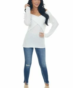 BiBi Ivory Criss Cross Brushed Waffle Knit Top