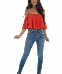Fantastic Fawn Tops Dynamite Off The Shoulder Woven Flowy Crop Top