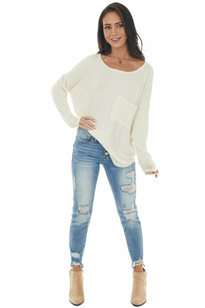 BiBi Tops Champagne Textured Knit Top With Chest Pocket 5 BiBi Tops Champagne Textured Knit Top With Chest Pocket