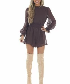 She + Sky Chocolate Swiss Dot Long Puff Sleeve Romper Dresses