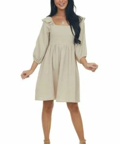 Umgee Dresses Latte 3/4 Bubble Sleeve Smocked Gauze Dress