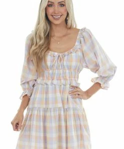 Entro Peach And Lavender Gingham Tiered Short Dress