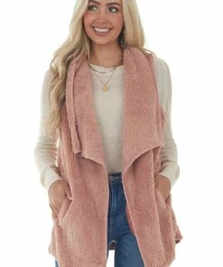 CY Fashion Dusty Punch Fuzzy Open Front Vest With Pockets Outerwear