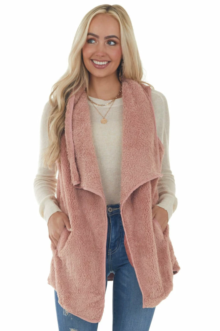 CY Fashion Dusty Punch Fuzzy Open Front Vest With Pockets Outerwear 3 CY Fashion Dusty Punch Fuzzy Open Front Vest With Pockets Outerwear