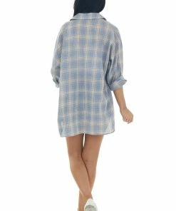 She + Sky Dusty Blue Plaid Front Knot Button Down Shirt Tops