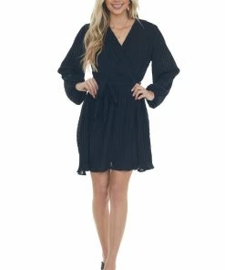 She + Sky Black Pleated Surplice Neck Waist Tie Dress 33 She + Sky Black Pleated Surplice Neck Waist Tie Dress