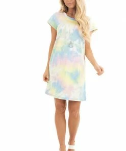 La Vida Periwinkle And Banana Tie Dye Dress With Short Sleeves