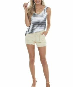 Hailey & Co Tops White And Navy Striped Tank Top With V Neck And Tie Details