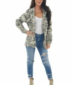 Doe & Rae Sage Camo Print Utility Jacket With Pockets