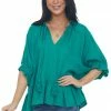 Umgee Tops Kelly Green Textured Blouse With Ruffle Details And Neck Tie
