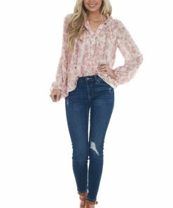 Entro Dusty Pink Long Sleeve Floral Button Up Blouse