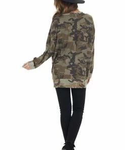 Jodifl Olive Camo Waffle Knit Long Sleeve Top With Side Slits Tops