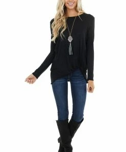 BOMBOM Tops Black Long Sleeve Knit Top With Side Hem Knot Detail