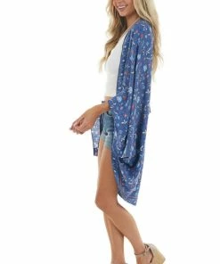 Davi & Dani Dusty Blue Floral Cocoon Hem Open Front Kimono 13 Davi & Dani Dusty Blue Floral Cocoon Hem Open Front Kimono