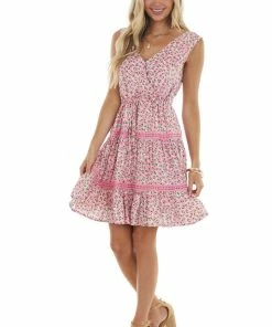 BiBi Carnation Floral And Lace Surplice Woven Dress Dresses
