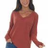 Reborn J Tops Rust V Neck Waffle Knit Top With Chest Pocket
